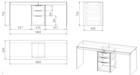 Стол Тандем 1800 мм (фасады дуб золотистый) от Династия Kids