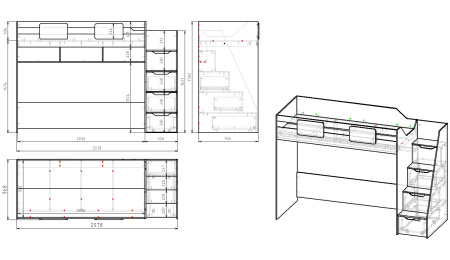 Комплект: кровать-чердак Мозаика-2 + кровать Nepos + стеллаж   от Династия Kids