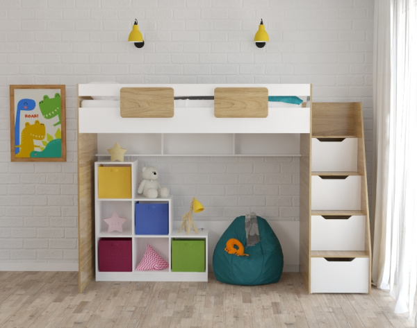 Комплект мебели (кровать-чердак Мозаика + стеллаж)