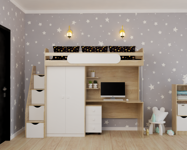 Кровать-чердак Колледж-2 (велюр + белый) 200х90  от Династия Kids