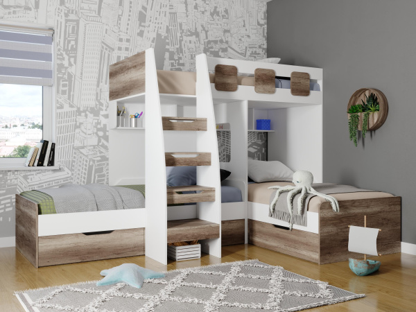Кровать 3-х ярусная Династия (белый+дуб каньон)